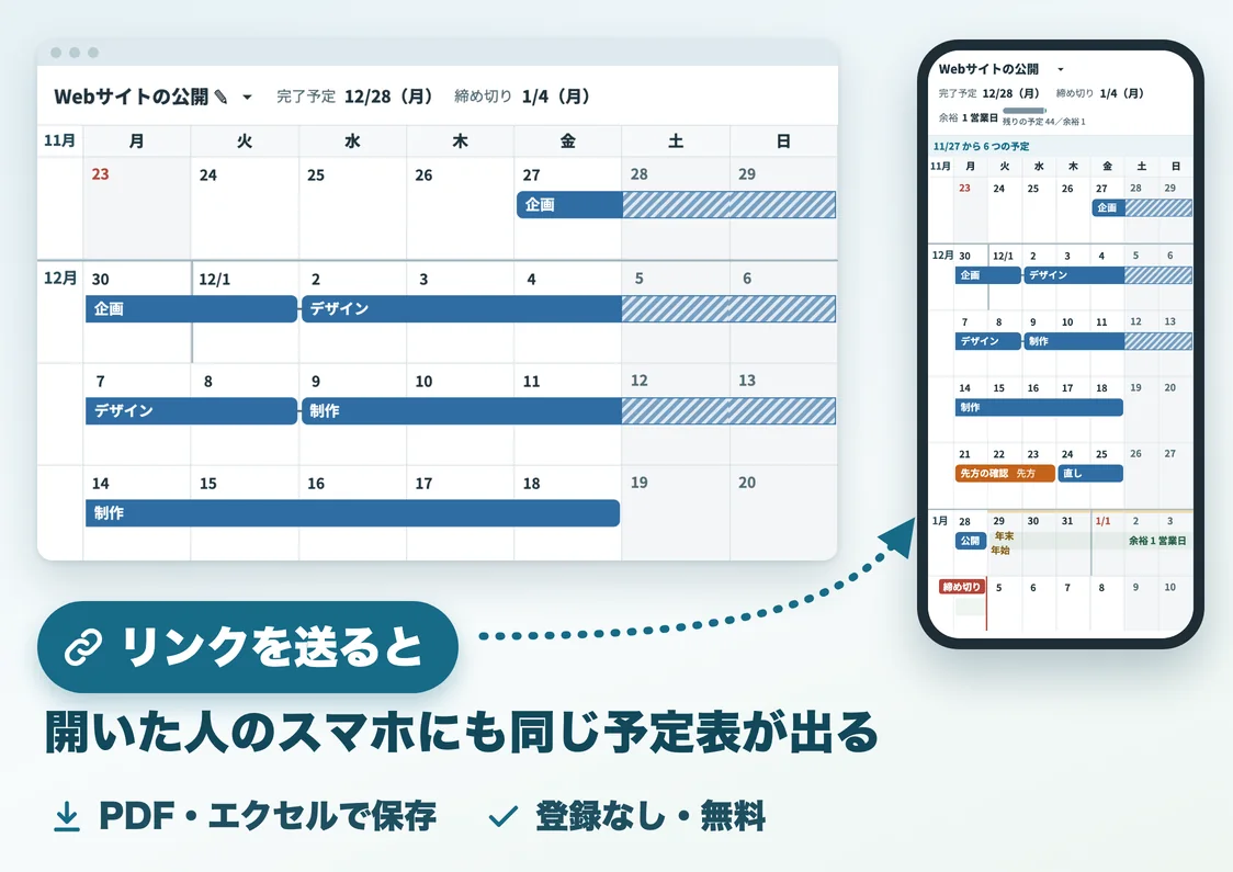 予定表の例。予定を日付に置くとカレンダーに帯で並び、リンクで共有すると開いた人のスマホにも同じ予定表が出る。PDF・エクセルで保存でき、登録なし・無料
